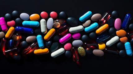 Colorful pills placed over black background forming a abstract pattern