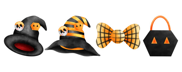 Whimsical halloween watercolor clipart set.Witch hat with skulls and honeycombs,black and yellow bow and a black honeycomb lantern.