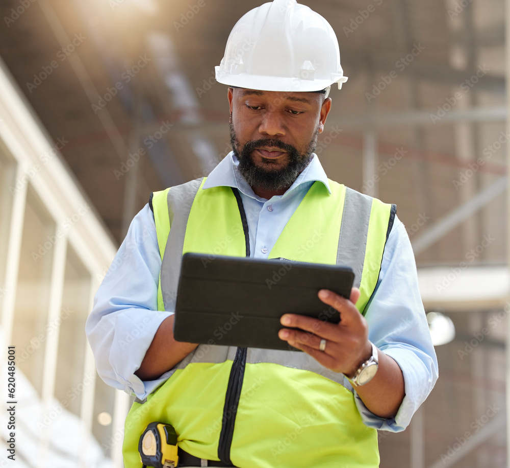 Poster tablet, engineering man and construction worker for online project management, building progress and