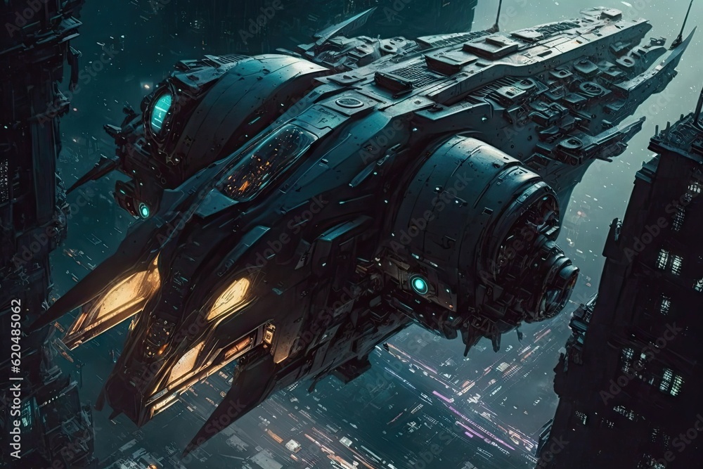 Poster cyber punk spaceship seen from above. glorious generative ai.