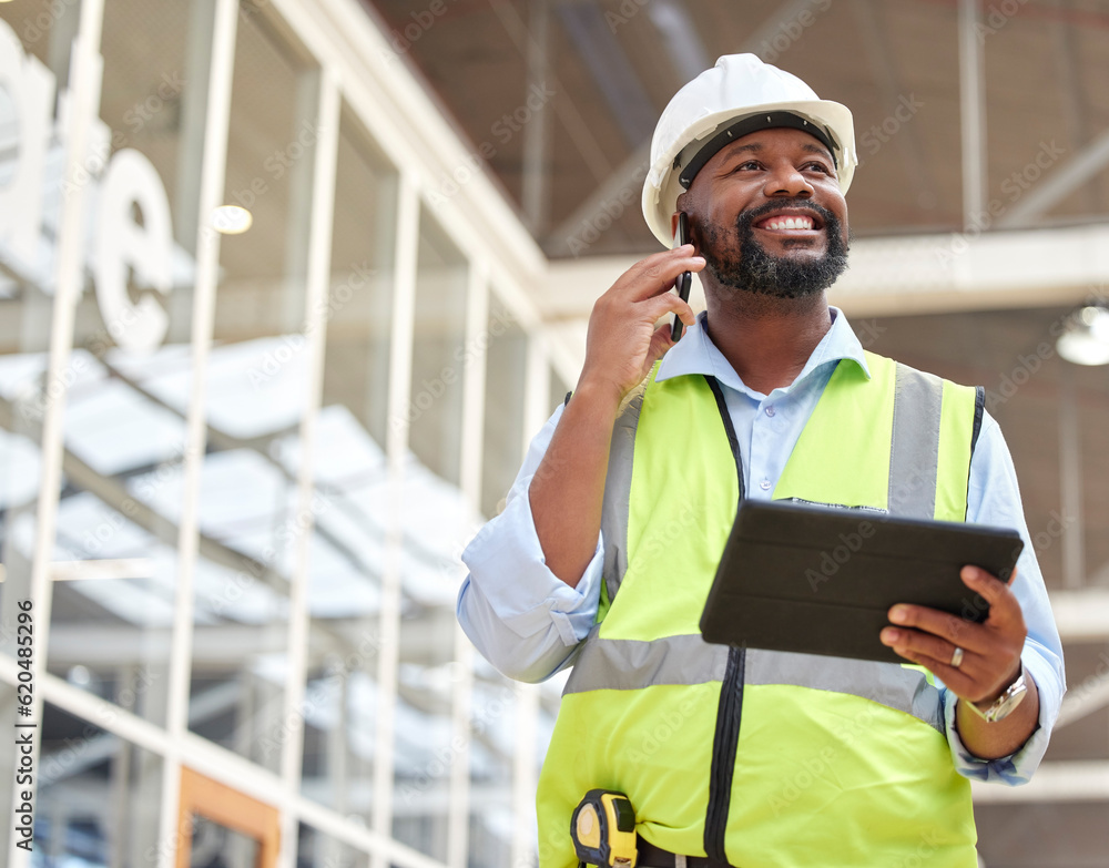 Poster phone call, black man and engineer with tablet for talking, planning and working on construction pro