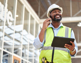Phone call, black man and engineer with tablet for talking, planning and working on construction...