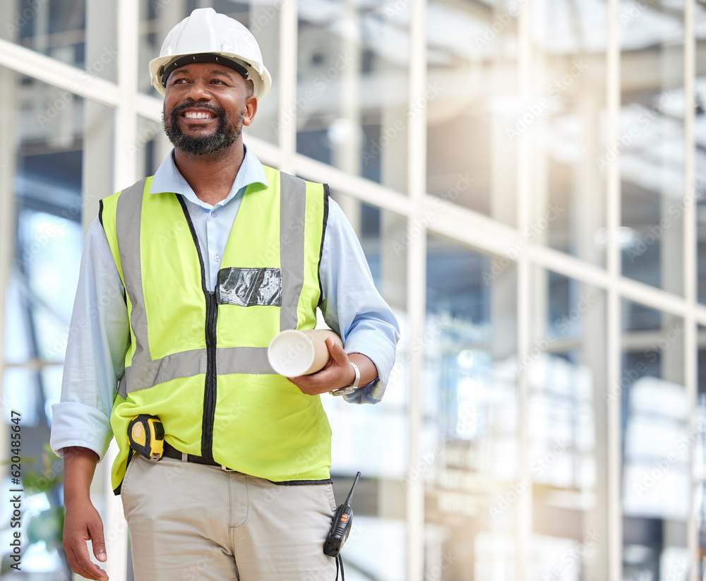 Poster black man, blueprint or construction manager walking in building site for project management. engine