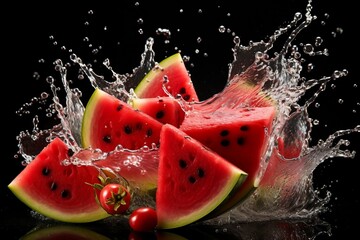 Watermelon slices and strawberries are splashing into the water. AI