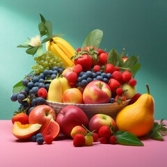 Photo mix of fresh fruits and berries isolated on white background generative AI