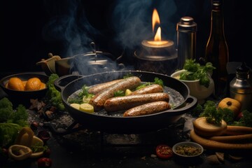 Boudin Noir being cooked on a skillet, surrounded by various ingredients