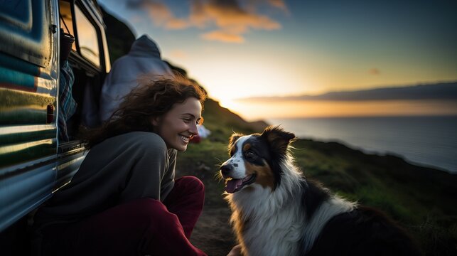 Sea and mountain view background. beautiful smile of tourist woman. she's traveling with dog. they are best friend. she's holding a dog at view point at mountain. morning light and bokeh.