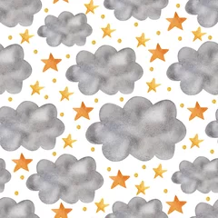Zelfklevend Fotobehang Clouds and stars. Watercolor illustration. Seamless pattern © An Chubenko