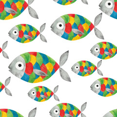 Multicolored fish. Watercolor illustration. Seamless pattern