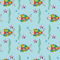Fototapeta na wymiar Multicolored fish. Watercolor illustration. Seamless pattern