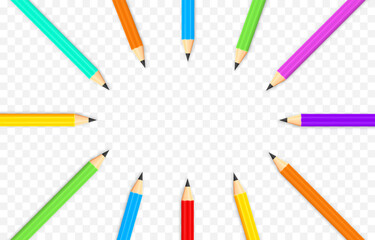 Vector school pencils. School pencils png. A set of colored pencils lined up in a circle. School supplies png.
