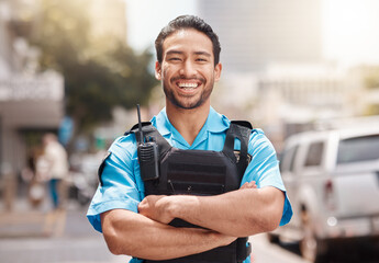 Security guard, safety officer and happy portrait of man outdoor to patrol, safeguard and watch....
