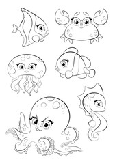 Black Line Art Illustration. Clipart set of cute underwater characters, including octopus, jellyfish, fish, seahorse, and crab, in a cartoon style black line art for children's coloring and activities