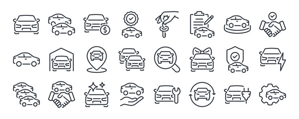 Car dealer, vehicle and automobile industry related editable stroke outline icons set isolated on white background flat vector illustration. Pixel perfect. 64 x 64. - obrazy, fototapety, plakaty