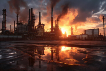 Petrochemical Refinery Complex in the morning, with its industrial structures and chimneys rising against the scenic backdrop. Generative AI.