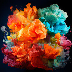 Abstract explosion of colors in paint splashes, isolated on black. Mixed liquid vivid flow, flower shaped, for creative background - Generative AI