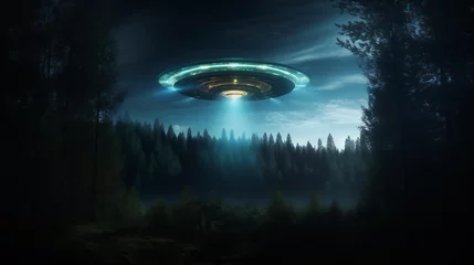 Door stickers UFO UFO lit up in the night sky, eerie alien, dark