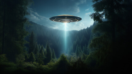 UFO lit up in the night sky, eerie alien, dark