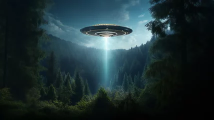 Fototapete UFO UFO lit up in the night sky, eerie alien, dark