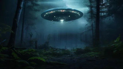 Foto op Plexiglas UFO up in the night sky, eerie alien, dark © PHdJ