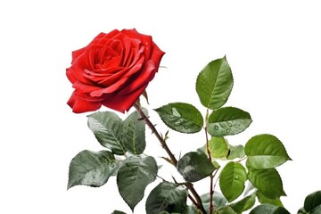 A red rose with green leaves isolated on white background