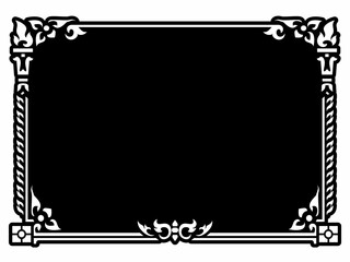 horizontal black and white stencil square Traditional vintage floral design border frame.