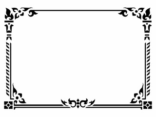 horizontal black and white stencil square Traditional vintage floral design border frame.