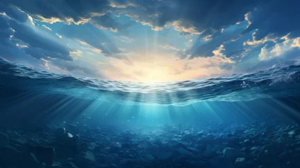 Foto auf Acrylglas Unterwasser Split underwater view with sunny sky and serene sea