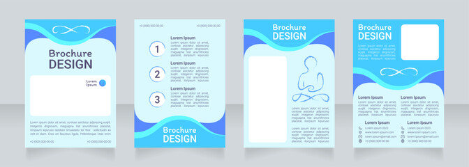 Yoga class blue blank brochure design. Template set with copy space for text. Premade corporate reports collection. Editable 4 paper pages. Roboto Light, Medium, Itim Regular fonts used