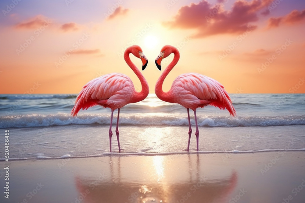 Sticker two flamingos in the sunset