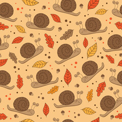 Autumnal seamless pattern with snail, acorn and Autumn leaves.
Good for textile print, wallpaper, wrapping paper, backgound, cover, and other gifts design.