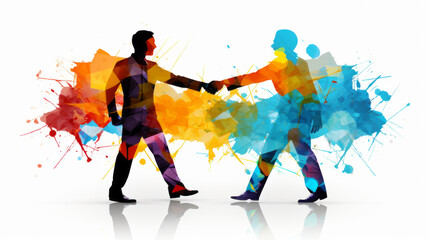Colorful business partnership illustration with two businessman silhouette shaking hands