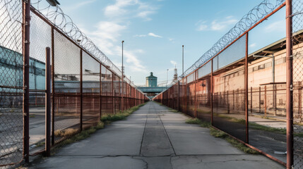 Prison walk with fences and building view