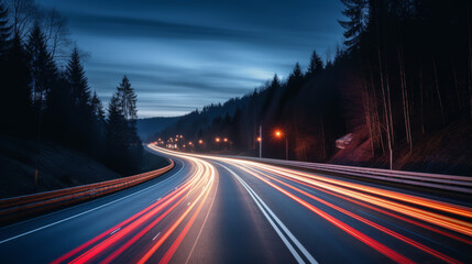 Long exposure of a road with light trails of passing vehicles at night