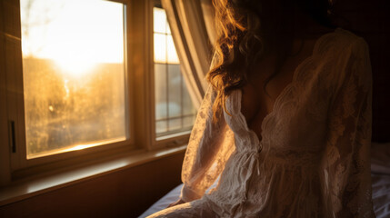 Sexy woman wearing a lace babydoll in a bedroom with window and sunset light