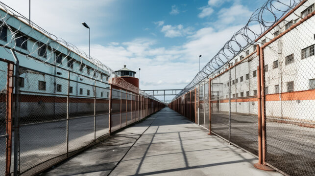 Prison walk with fences and building view