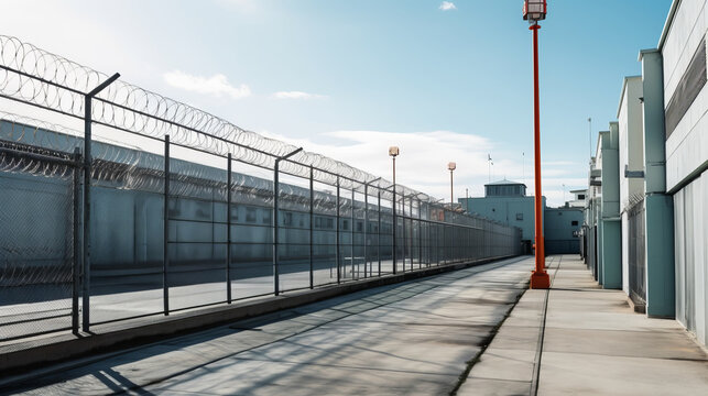 Prison walk with fences and building view