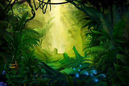 Deep in the fantasy tropical forest. Fantasy Backdrop Concept Art Realistic Illustration Video Game Background Digital Painting CG Artwork Scenery Artwork Serious Book Illustration

