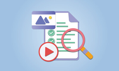 Media literacy icon. News messages analysis. Critical thinking using.on blue background.Vector Design Illustration.