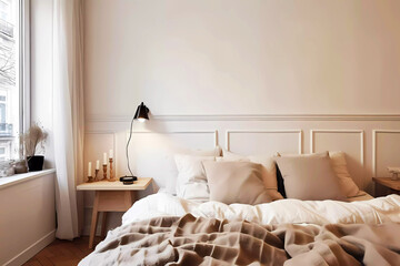 Fototapeta na wymiar Modern bedroom with beige interior design. Generative ai.