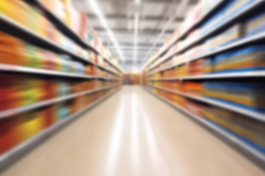 Abstract blurred shelf supermarket store background. Generative ai design.