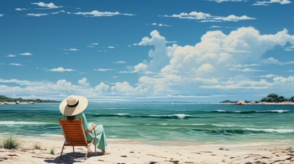 Fototapeta na wymiar Beautiful woman in a sun hat enjoying the European beach