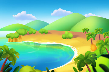 Beautiful Blue Lake and Green Dune in Desert Oasis. Fantasy Backdrop Concept Art Realistic Illustration Video Game Background Digital Painting CG Artwork Scenery Artwork Serious Book Illustration
