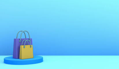 Empty blue color shopping bag on the blue background, copy space 3d render