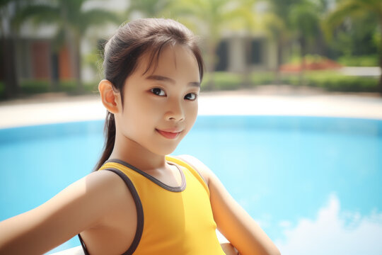 Young Chinese girl in yellow one piece swimsuit at swimming pool