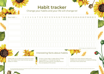 Fototapeta premium Habit tracker watercolor sunflower design