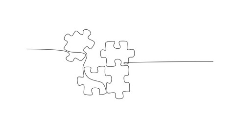 Continuous single line drawing of four puzzle pieces. Problem solving and solution business metaphor. One line drawing of puzzle piece for idea, business, thinking process, creativity. Editable stroke - obrazy, fototapety, plakaty