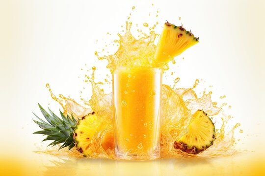 Fresh juicy tropical fruit pineapple and smoothie glass with splash flying isolated on white background