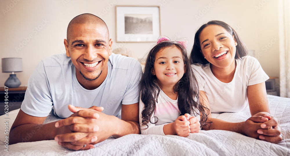 Sticker Family, relax and portrait on a bed at home while happy and together for quality time. Man, woman or hispanic parents and a girl kid in the bedroom for morning bonding with love, security and care