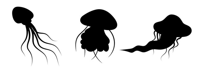 Naklejka premium Jellyfish silhouette decoration set. Hand-drawn poisonous medusa, marine oceanic inhabitant, simple nautical design. Isolated. Vector illustration.